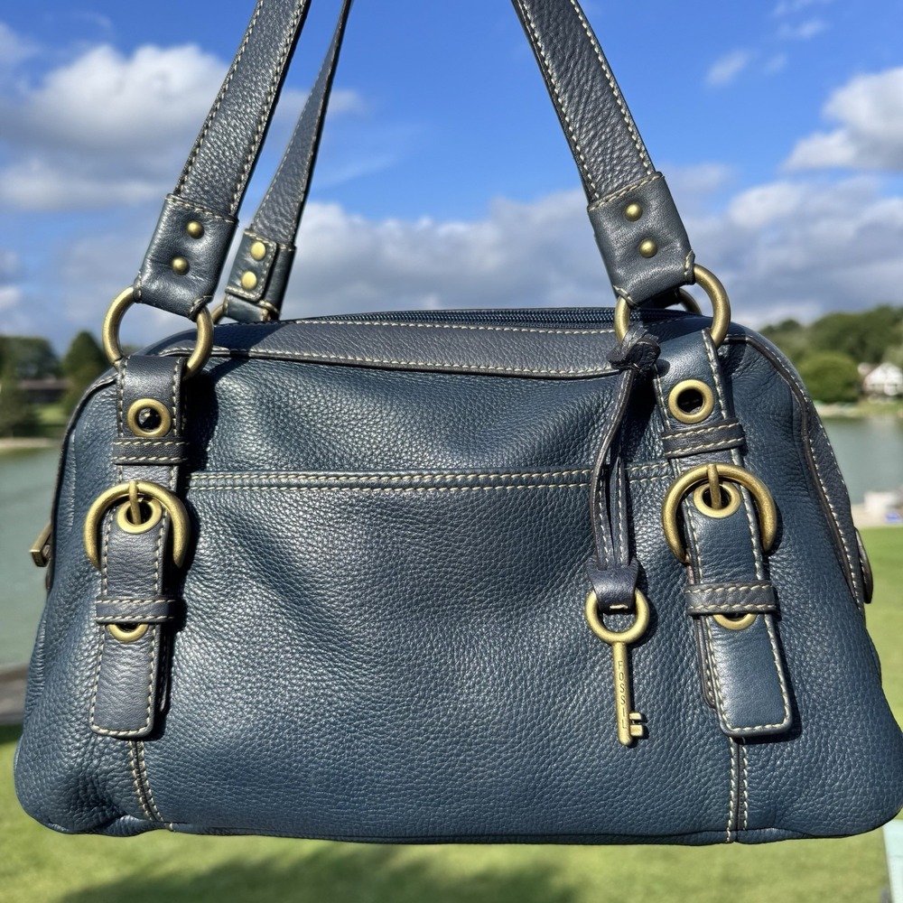 Fossil Blue Pebbled Leather Shoulder Bag Stitch Brass Hardware CLEAN Key 75082